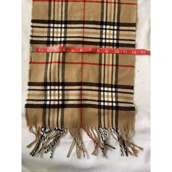 Beige Plaid Scarf 20% Cashmere 80% Viscose With Fringe Trim - Picture 1 of 5